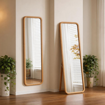 Solid Beech Wood Full Length Mirror, Freestanding Floor Mirror with Stand