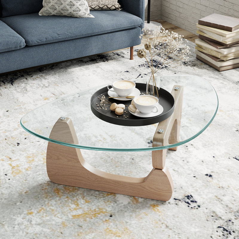 Table basse moderne triangulaire avec base en bois pour le salon, Bois naturel, H 15,74 po x L 43,3 po x l 29,52 po