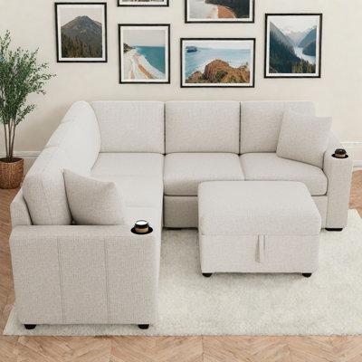 Sectional Convertible U-shaped Pull-out Sofa Bed With A Movable Storage Ottoman, Dual Cup Holders, Usb Charging Ports And Pillows by Latitude Run
