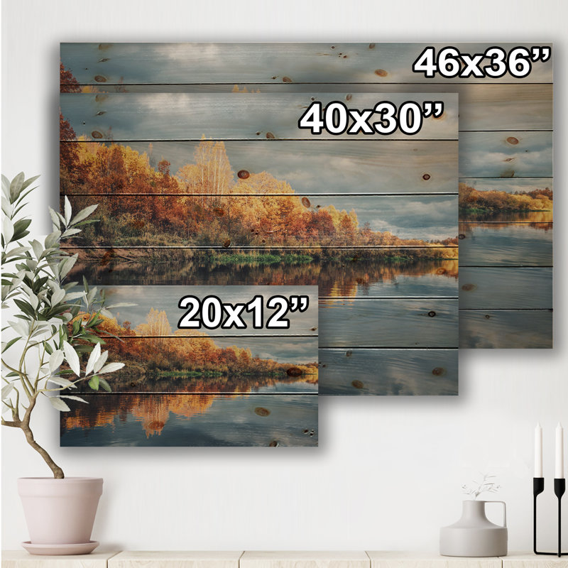 Pittoresque forêt d'automne au bord de la rivière - reproduction de photo non encadrée sur bois, H 24 po x l 32 po x P 1 po