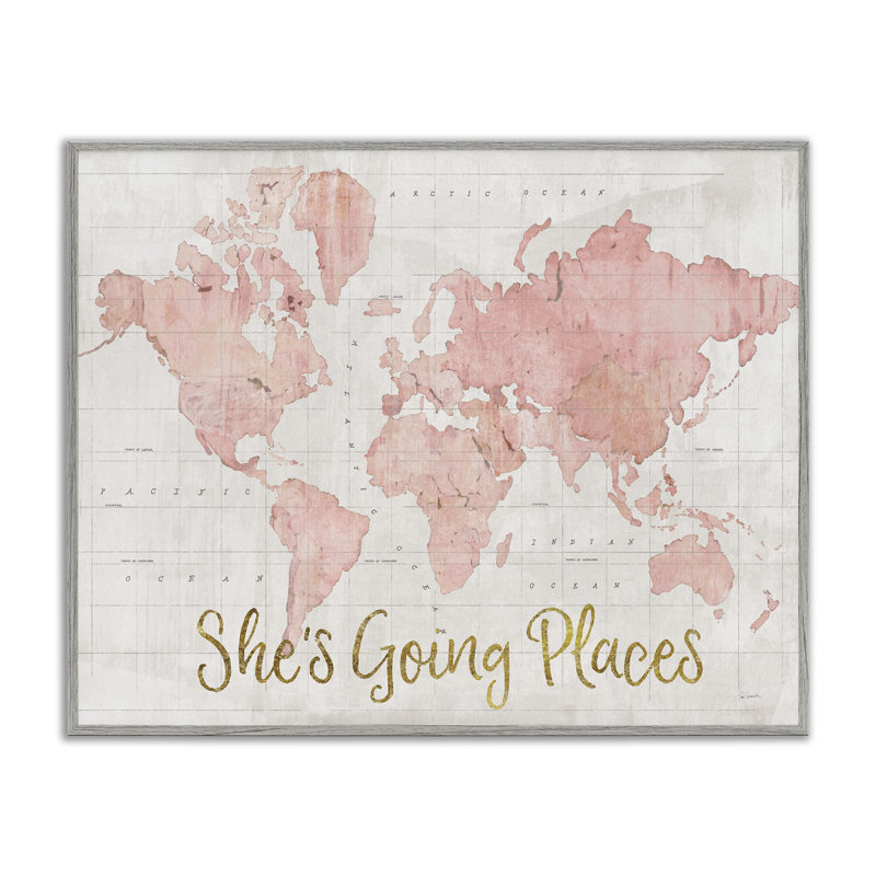 «She's Going Places Quote Pink Watercolor World Map» par Sue Schlabach - impression sur bois, Estampe numérique Farmhouse