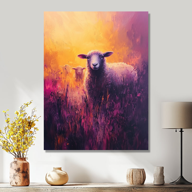 Lavande mouton au lever du soleil III - reproduction d'art moderne en métal, décoration murale mouton en métal