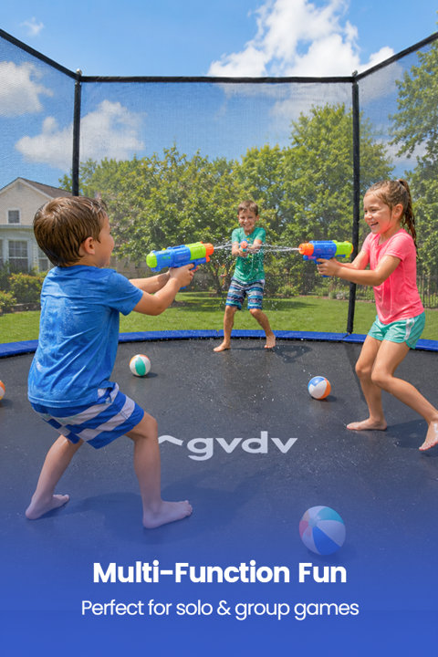 Three children playing with water guns on an outdoor trampoline with the text Multi-Function Fun, perfect for solo and group games.