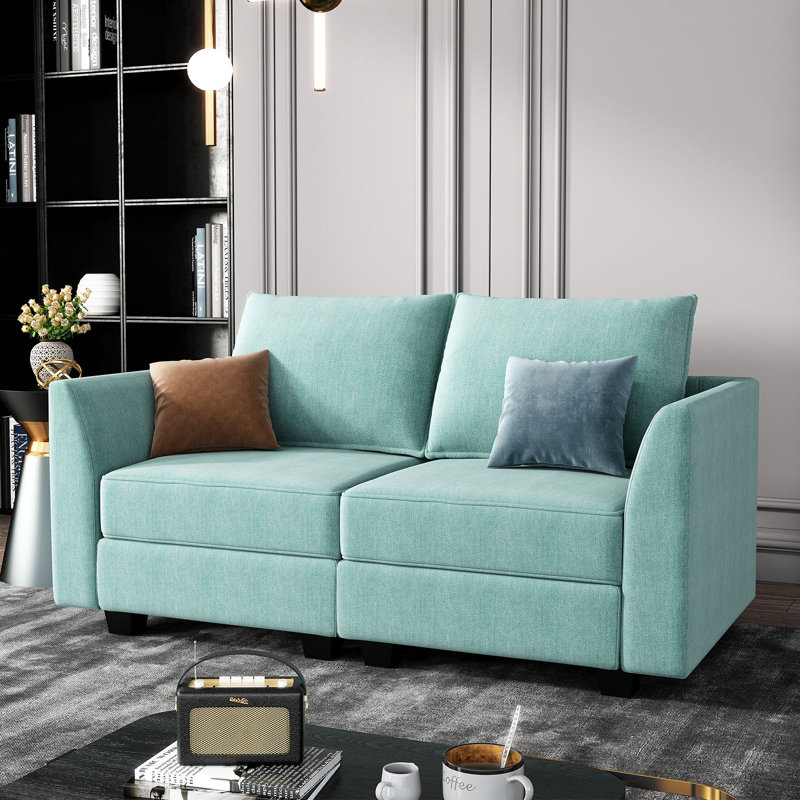 61" Square Arm Modular Loveseat with Storage Space, Blue Polyester Blend