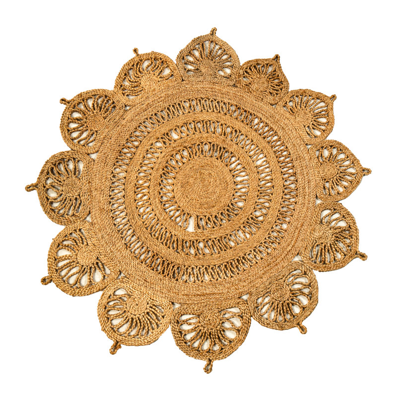 Tapis uni en jute tissé à la main à motif floral (grand)