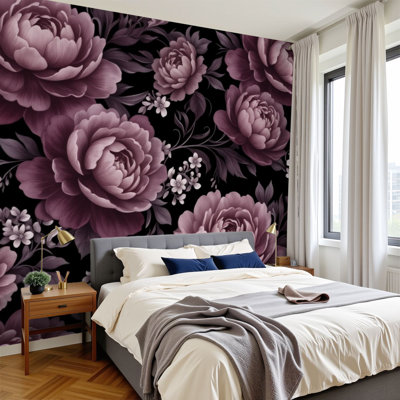Papier peint adhésif pelez et collez, pivoine mauve, floral, noir, romantique, style botanique, 100 po x l 144 po, amovible, papier peint en PVC, peintures murales autocollantes, décoration pour le salon de la chambre à coucher