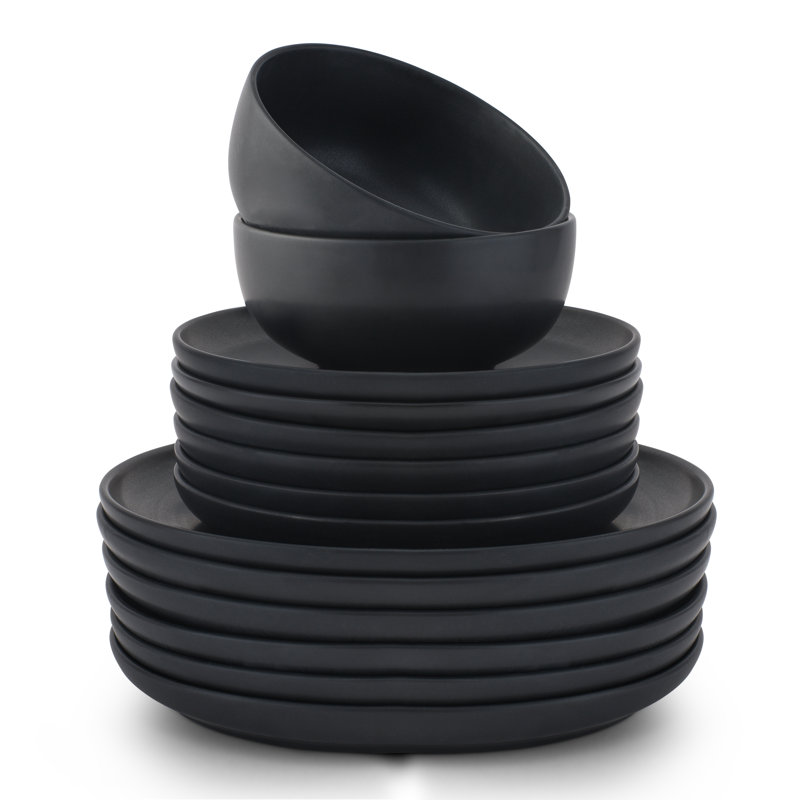 JoyJolt Mesa 18pc Stoneware Dinnerware Set, Matte Black