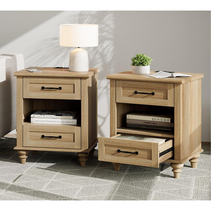 Ensemble de 2 tables de chevet avec 2 tiroirs et tablette ouverte Scarlett, Brun