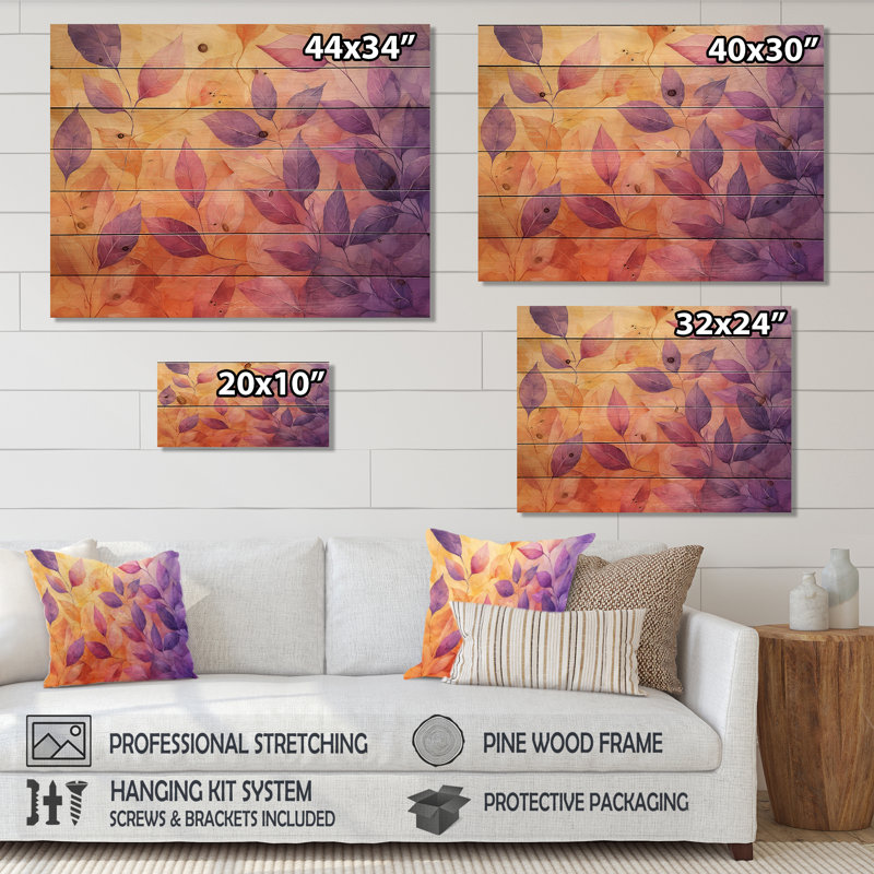 Coucher de soleil sur feuilles I, art mural sur bois de pin naturel, H 30 po x l 40 po