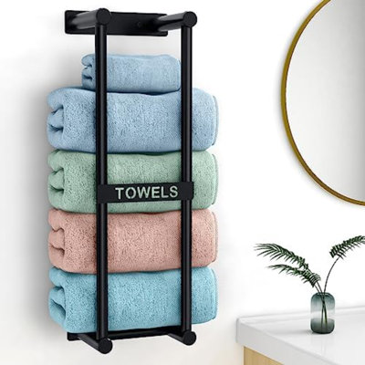 Porte-serviettes mural pour salle de bain, porte-serviettes mural de 22 pouces pour serviettes roulées, rangement pour serviettes pour petite salle de bain, noir