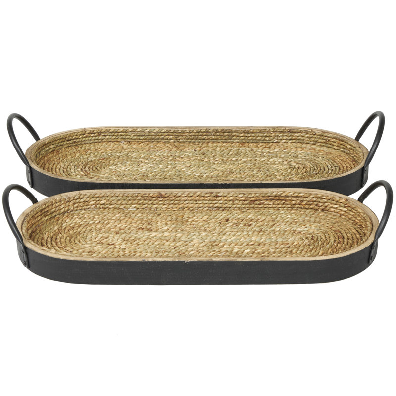 Mafalda Wooden Coiled Oval Decor Brown Tray with Black Metal Handles Set, 3.75" H x 22.63" W x 9.88" D