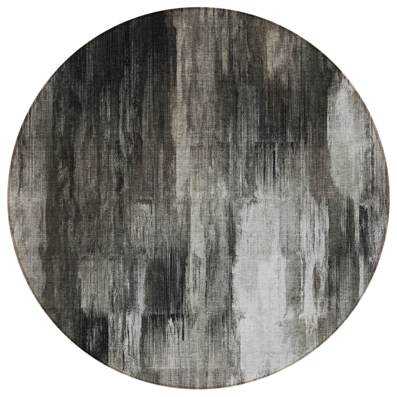 HomeRoots 8' Grey And Black Round Abstract Washable Indoor Outdoor Area Rug