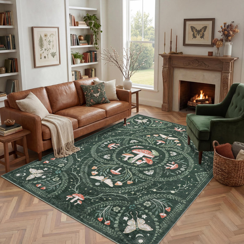 Tapis à poils courts à motif champignon gothique pour salon, chambre et cuisine, Vert, 8 x 10 pi