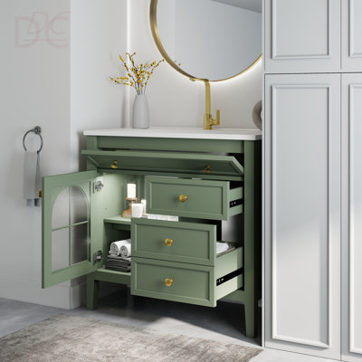 Meuble-lavabo de salle de bain 35,6 po Mid-Century avec verre à motif et bande lumineuse à capteur de mouvement, meuble-lavabo sur pied Farmhouse