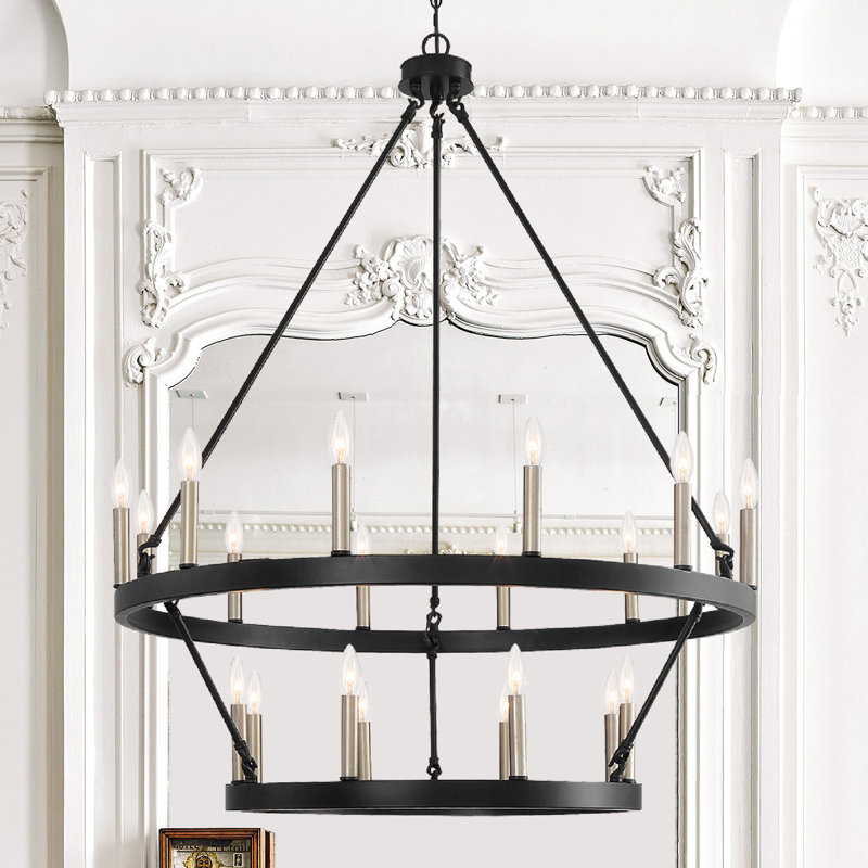 Daromir 20 - Light Dimmable Wagon Wheel Chandelier, Classic Black/Contemporary Brass Dust
