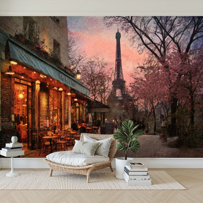 Peel and Stick Wallpaper 96" W x 69" H Modern Self Adhesive Wall Mural for Bedroom Eiffel Tower City Landmark Rooftops Sunset Sky Cafe Street Lamps