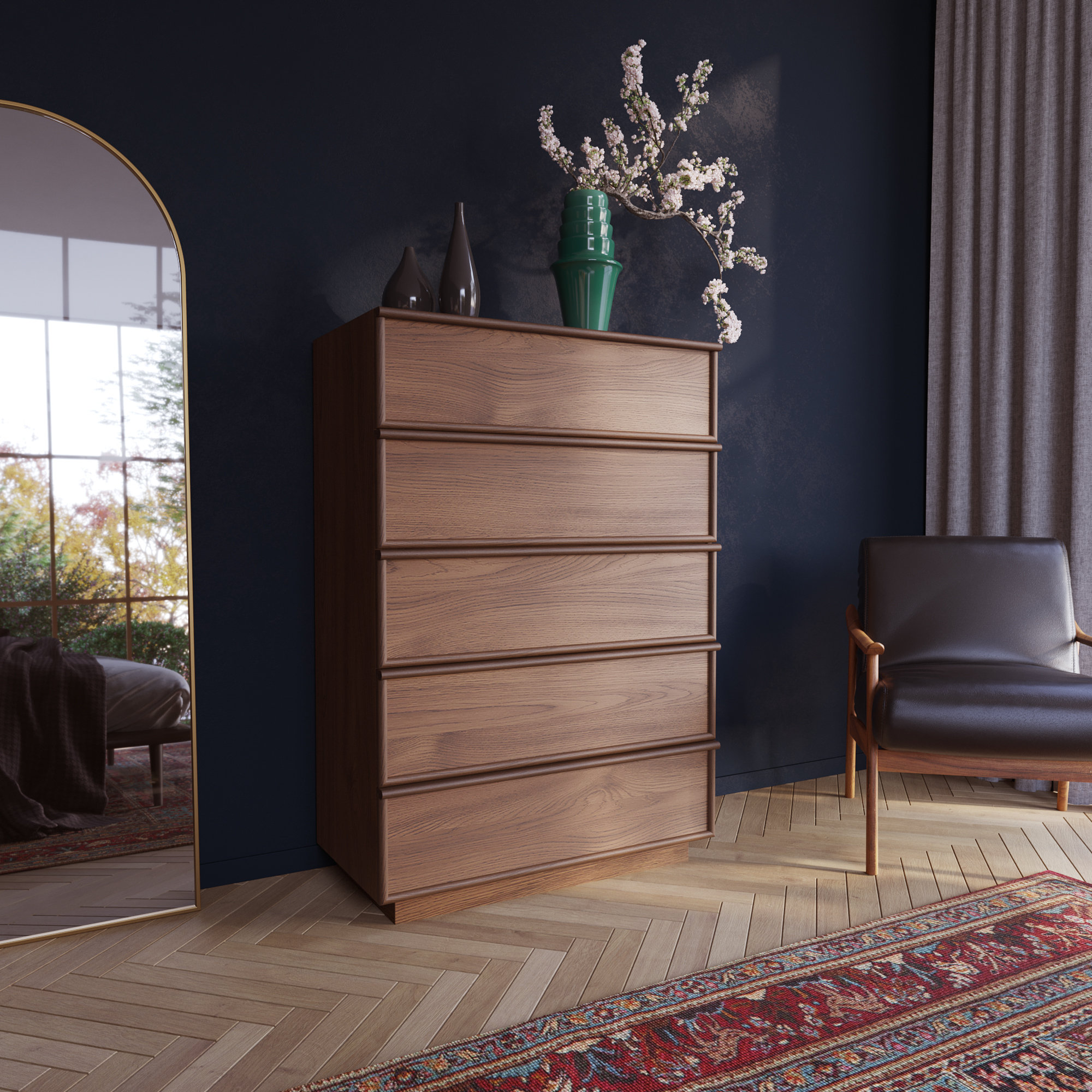 Collins 36" Five Drawer Tall Dresser In Natural Walnut