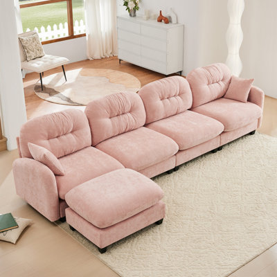 Canapé modulaire en L modulaire avec repose-pieds, tissu chenille doux, conception ergonomique, dossier capitonné, base en bois de haute qualité facile à installer