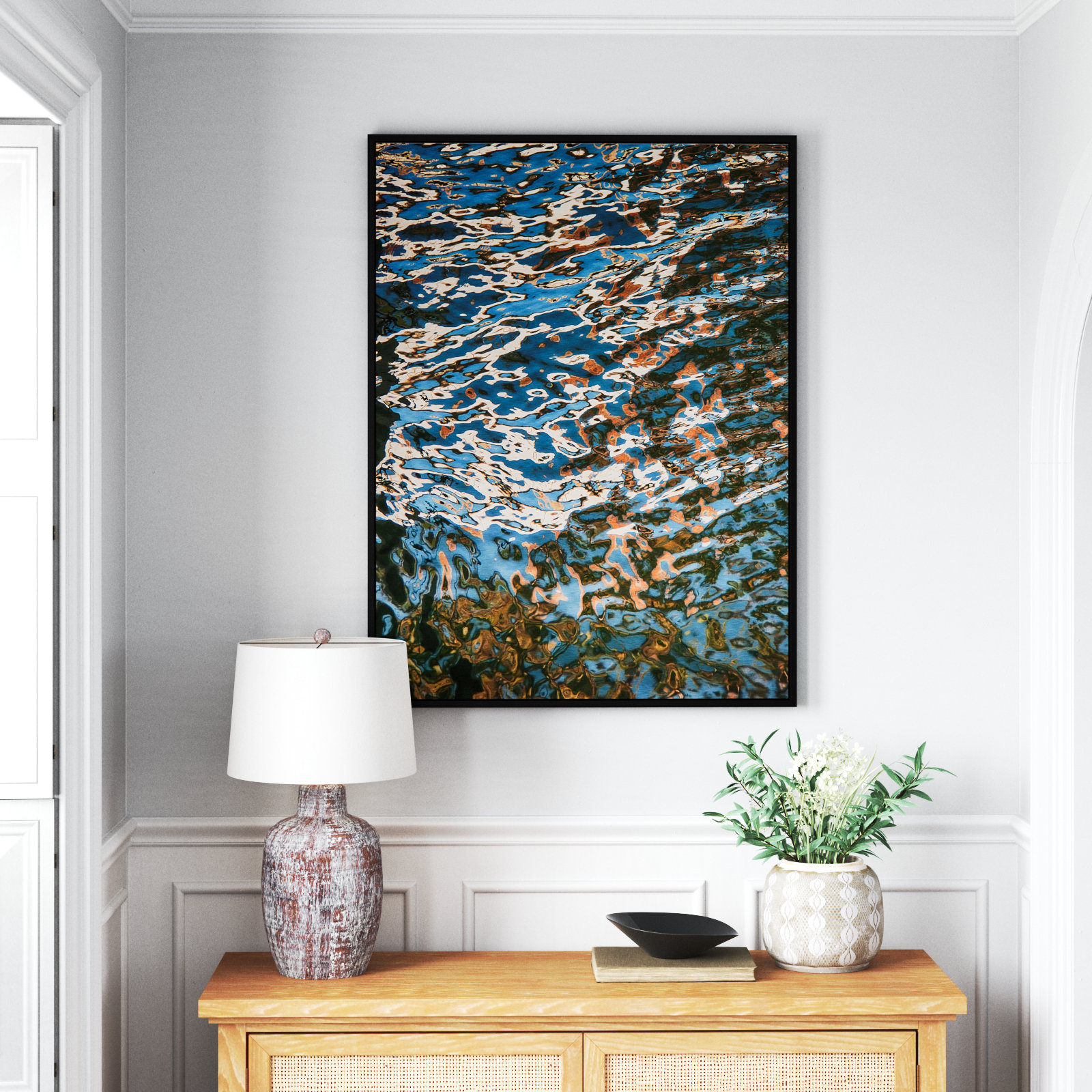 Mirissa "Reflecting Blue" Print by Geoffrey Baris, 48" H x 36" W x 2" D, Black Framed