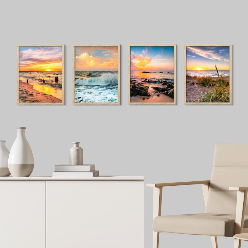 Encadrement pastel coucher de soleil nautique océan plage, ensemble de 4 impressions murales colorées de paysage encadrées sur papier, impression de 4 pièces