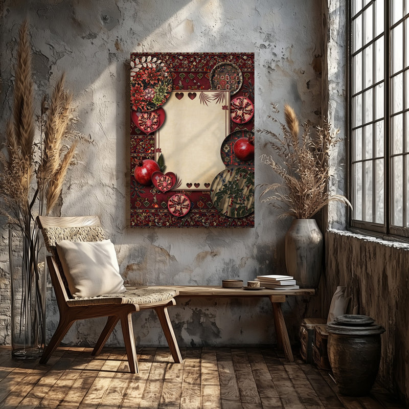 Toile, collage richement texturé mettant en vedette un ensemble de motifs d'art mural traditionnels turcs, principalement en rouge profond et tons terreux, art mural