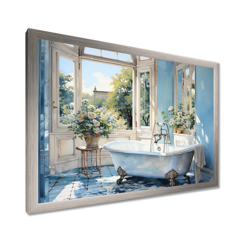 «Bathroom Tranquil Reflections I» - décoration murale pour salle de bain, H 30 po x l 40 po x P 1,5 po, Cadre simple argenté