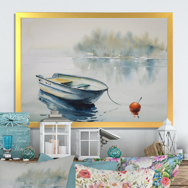 Bateau abstrait en bois dans un lac - reproduction d'art sur toile, H 16 po x l 32 po x P 1 po, Cadre doré