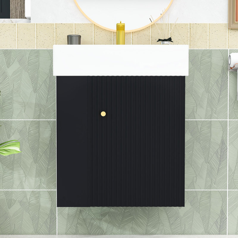 Meuble-lavabo flottant chic avec lavabo en céramique et rangement à gauche, Noir