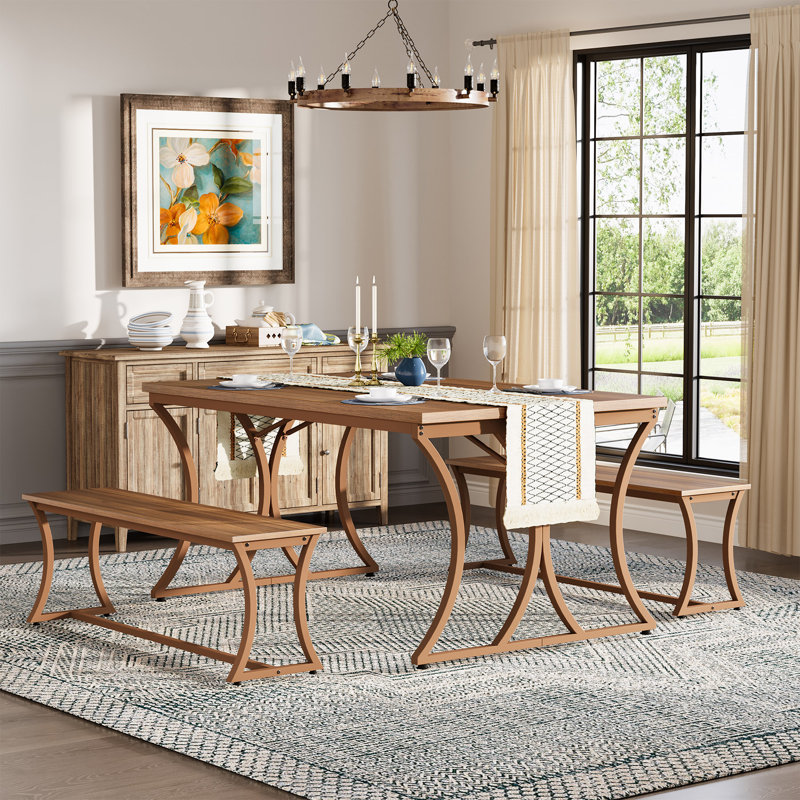 Pandeli 51-Inch Dining Table Set with 2 Benches and Table Runner for 4-6 People