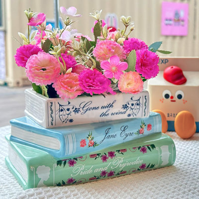 Creative Book Shaped Ceramic Planter: Embellished with Flowers, Highlights for Home & Office Decor - Housewarming Surprise for Book Lovers