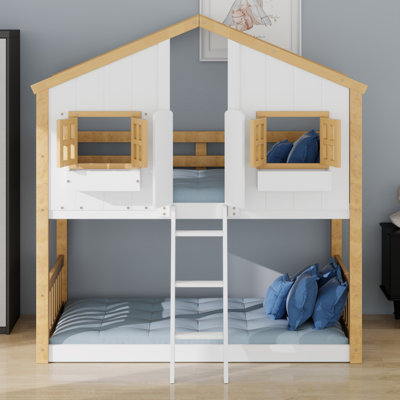 Lit superposé House avec toit décoratif, fenêtre, boîte de fenêtre et porte d'entrée, barrières de sécurité et échelle