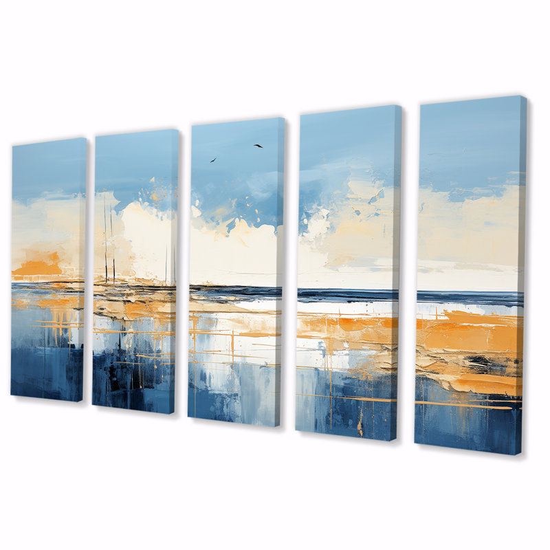 «Blue and Yellow Seaside Simplicity II - Coastal Minimalisme», ensemble de 5 pièces d'art mural, H 32 po x l 80 po