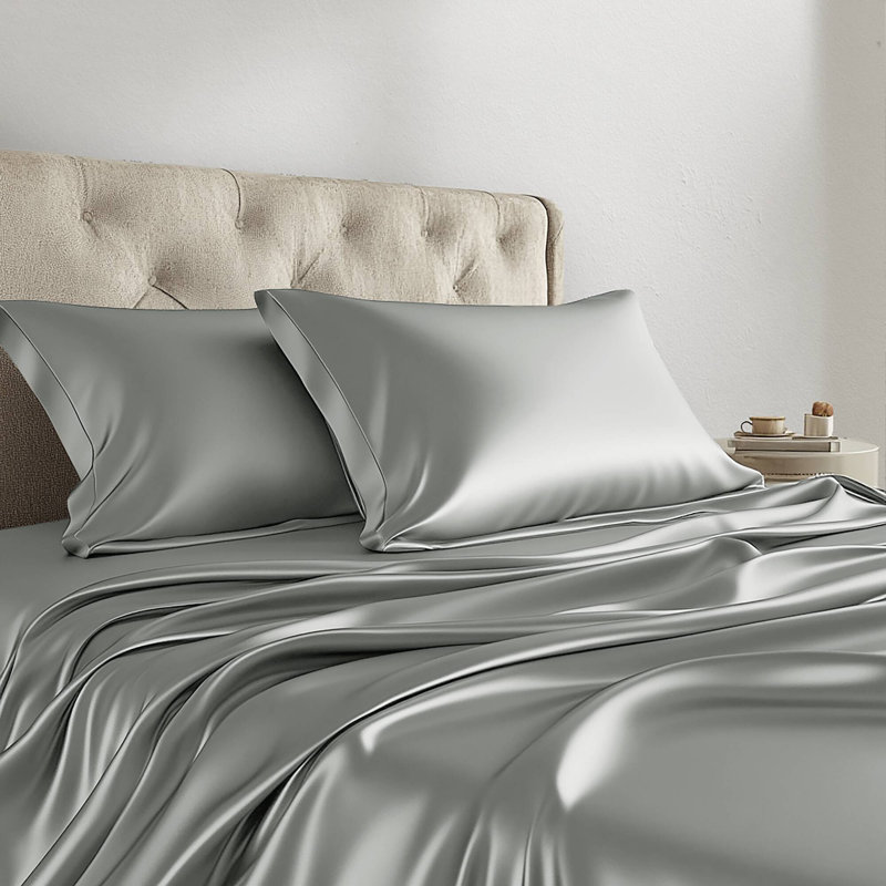Satin Grey 100% Satin Luxury Wrinkle Resistant 7-Piece Split King Sheet Set, Gray