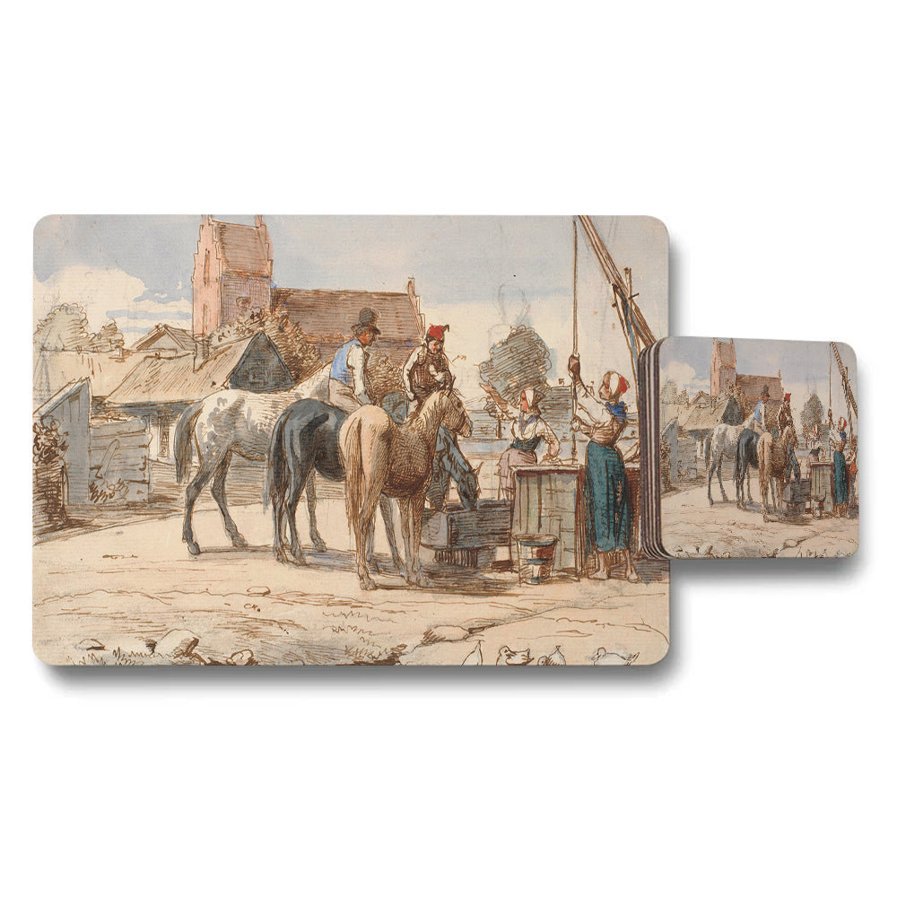 Vintage Market Scene Placemats And Coasters Set With Horse Riders