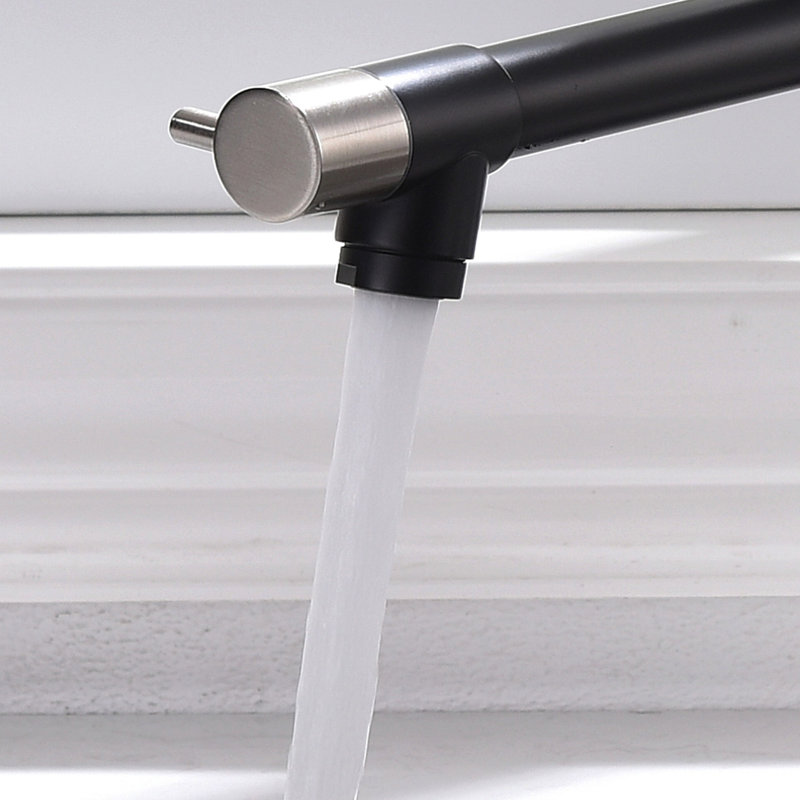 Robinet d'évier de cuisine contemporain en noir et argent - rétractable, poignée simple, alimentation en eau chaude, argent, froid, remplissage en céramique, style moderne