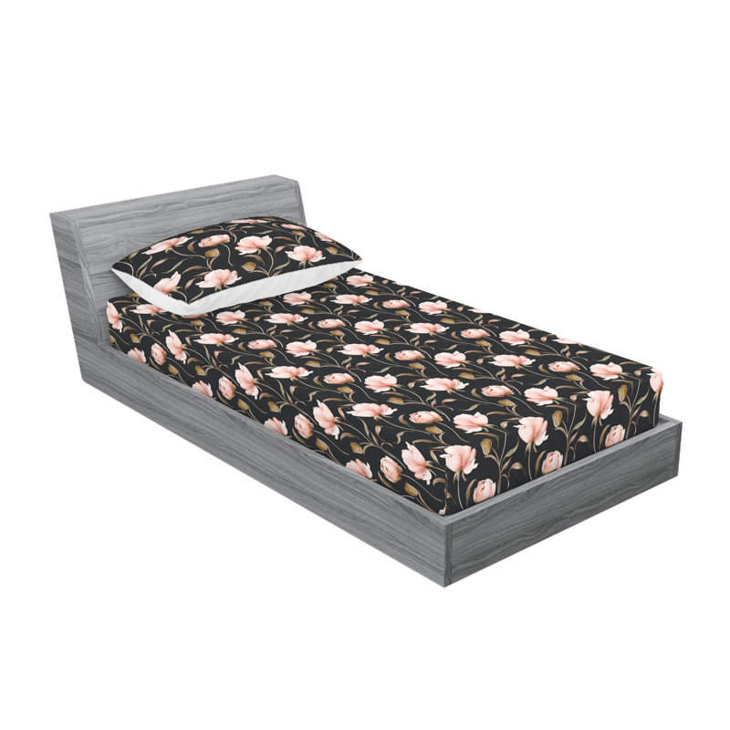 Ambesonne Fitted Sheet & Shams, Twin Sheet Set with 1 Pillowcase, Dark Gray/Blush/Umber Floral