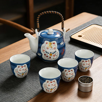 Service à thé japonais en céramique Maneki Neko Lucky Cat avec théière et 4 tasses, infuseur et poignée en bois inclus
