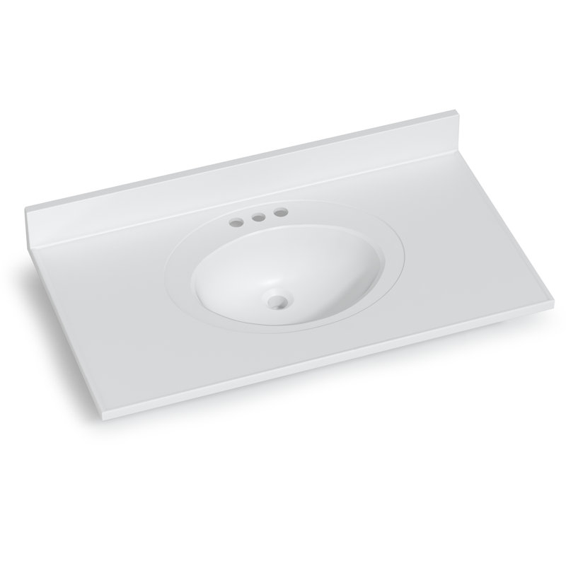 Plateau de meuble-lavabo simple blanc mat 37 po avec lavabo ovale intégré, dosseret, dosseret et trous de robinet central de 4 po
