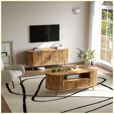 Table basse 45,27 po ovale avec tiroir de rangement, porte de style Mid-Century moderne, porte coulissante et poignée cannelée en bois, centre de table au fini chêne naturel