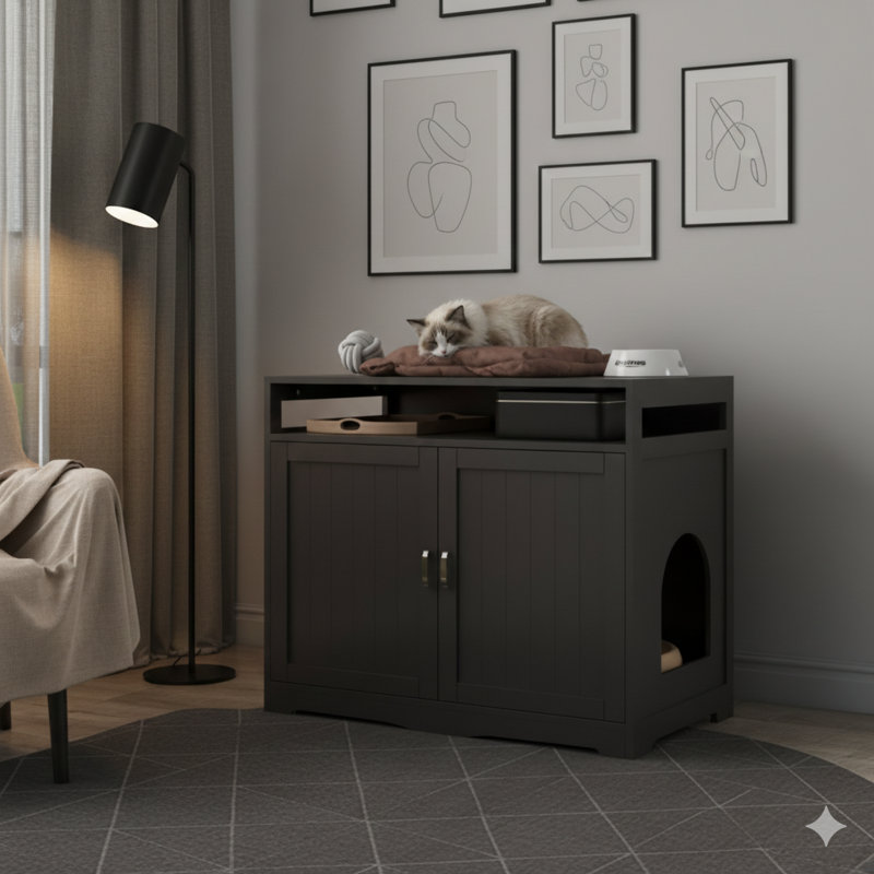 Meuble de rangement pour litière pour chat avec prise électrique dissimulée, conception à double porte, sert de banc de rangement pour salle d'eau et de table d'appoint, grande enceinte en bois, couleur espresso