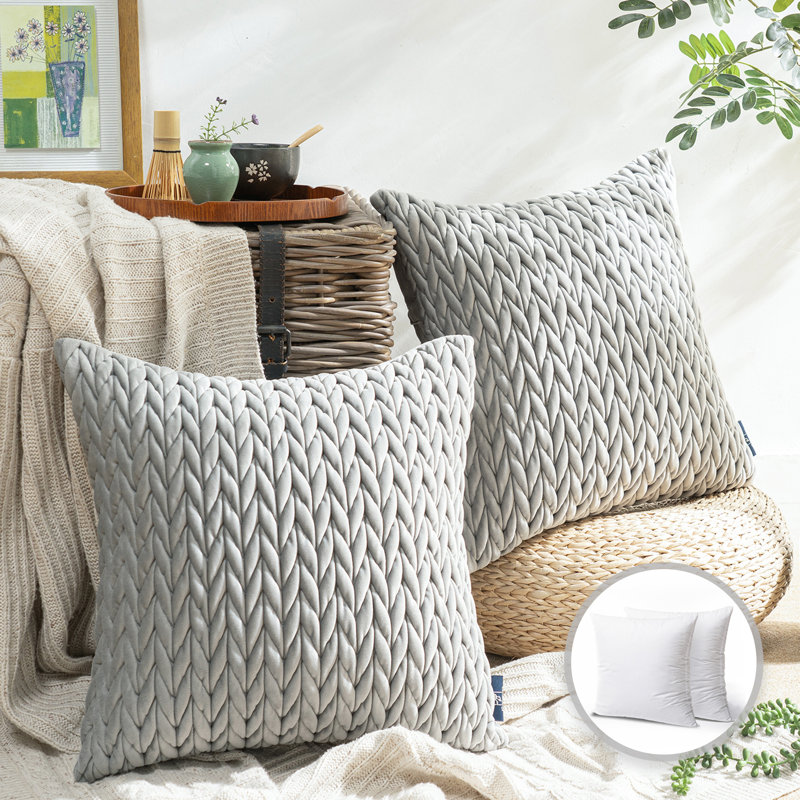 Gray Quilted Velvet Braid Textured Decorative Throw Pillow Set
