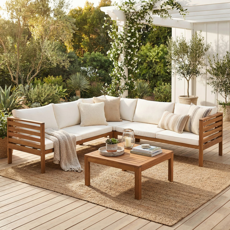 Patio Furniture Set with Removable Cushions, L-Shaped Acacia Wood Outdoor Conversation Sectional Sofa with Side table for Backyard, Porch