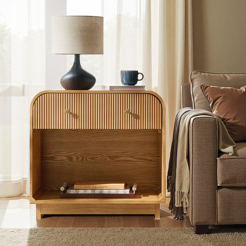 Melisa Casperson Modern 28"W 1-Drawer Fluted End Table Simple Assemblly with Charging Station and Solid Wood Legs, Oak