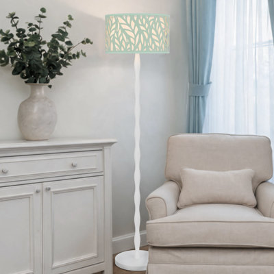 60" Height Wood Floor Lamp with White Finish And Cylinder Metal/Fabric Shade