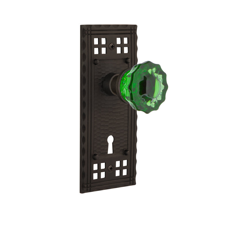 Craftsman Plate with Decorative Keyhole and Crystal Emerald Door Knob, Oil-Rubbed Bronze, 2 3/8
