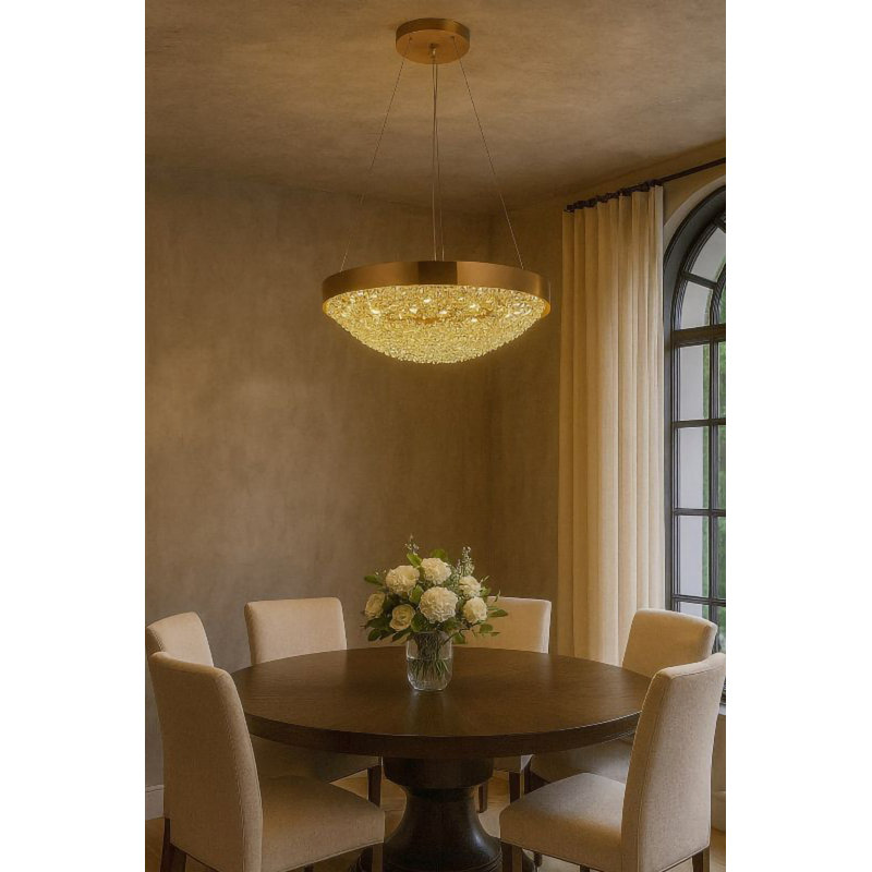 Lustre 18 lumières DEL en cuivre à intensité variable avec perles en cristal transparent, Cuivre
