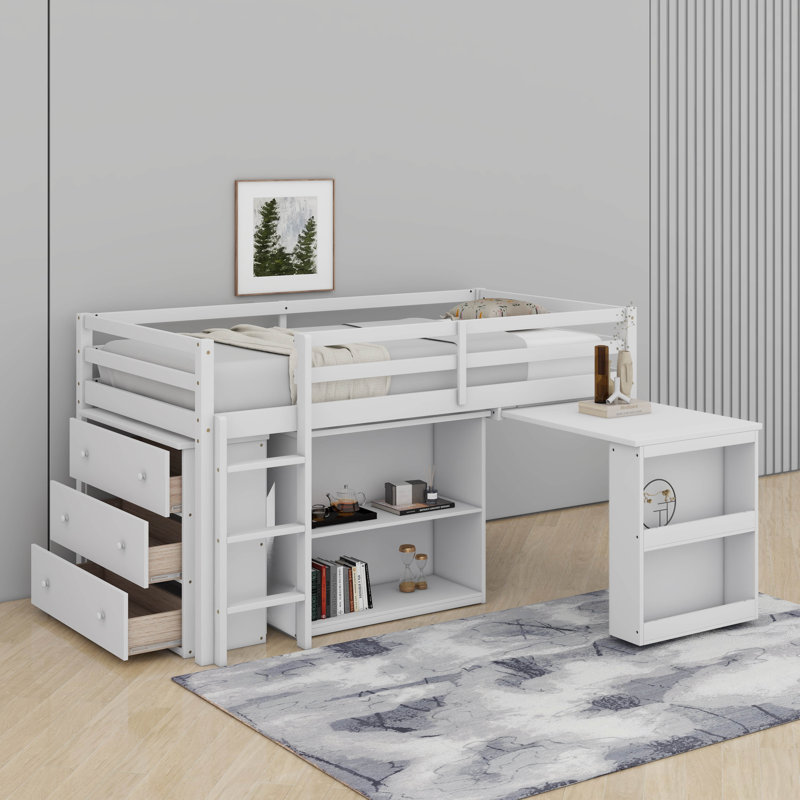 Lit mezzanine simple avec armoire à tiroirs, armoire à tablettes et bureau, Blanc