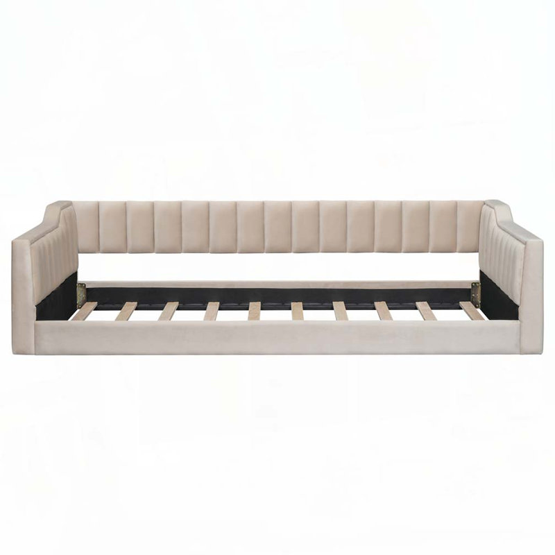 Upholstered Daybed and Storage Pockets, Beige, Extra-long Twin