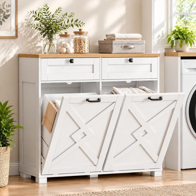 Meuble à linge basculant avec 2 paniers à linge de 13,6 gallons, organisateur de buanderie de style champêtre avec 2 tiroirs