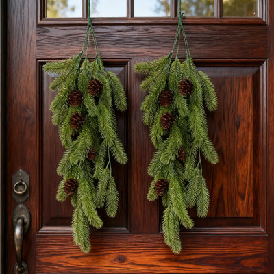 Ensemble de 2 branches de pin artificielles avec cônes plantes vertes aiguilles de pin plantes suspendues artificielles à l'extérieur Accessoires de bricolage pour l'extérieur pour couronne de Noël et décoration de jardin (vert)